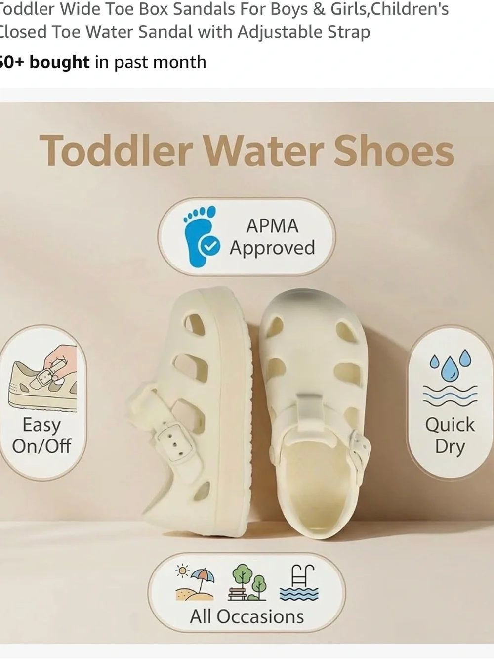 Cream Kids Closed-Toe Water Shoes with Yellow Smiley Charm size 5 toddler